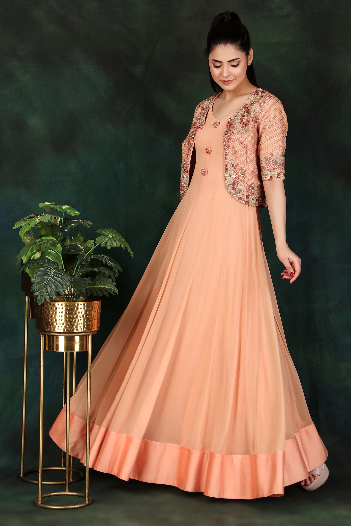 Peach Georgette Anarkali Suit with Thread, Dori & Sequin Work Jacket