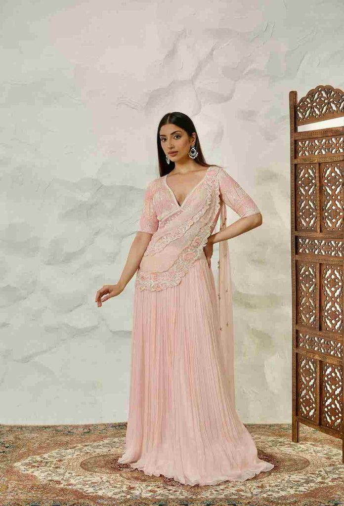 Pink Drape Saree With Heavy Work Blouse
