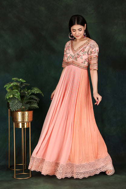 Elegant Peach Georgette Gathered Anarkali with Thread Work and Lace Detailing