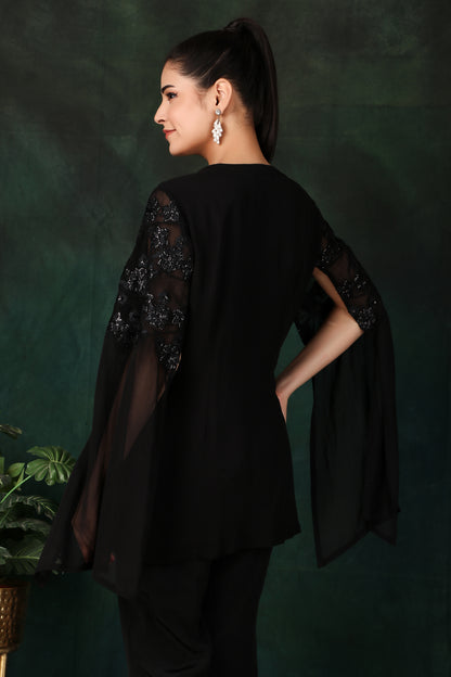 Black Sequin Corset Set with Slit Sleeves for Party And Cocktail Wear