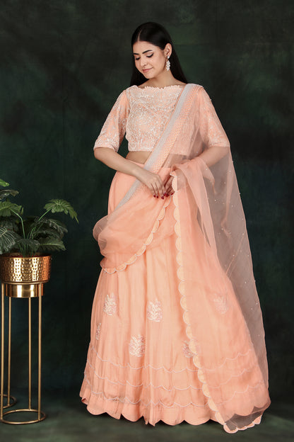 Peach Organza Pallu Lehenga Saree in Silk with Intricate Pearl Handcrafted Blouse