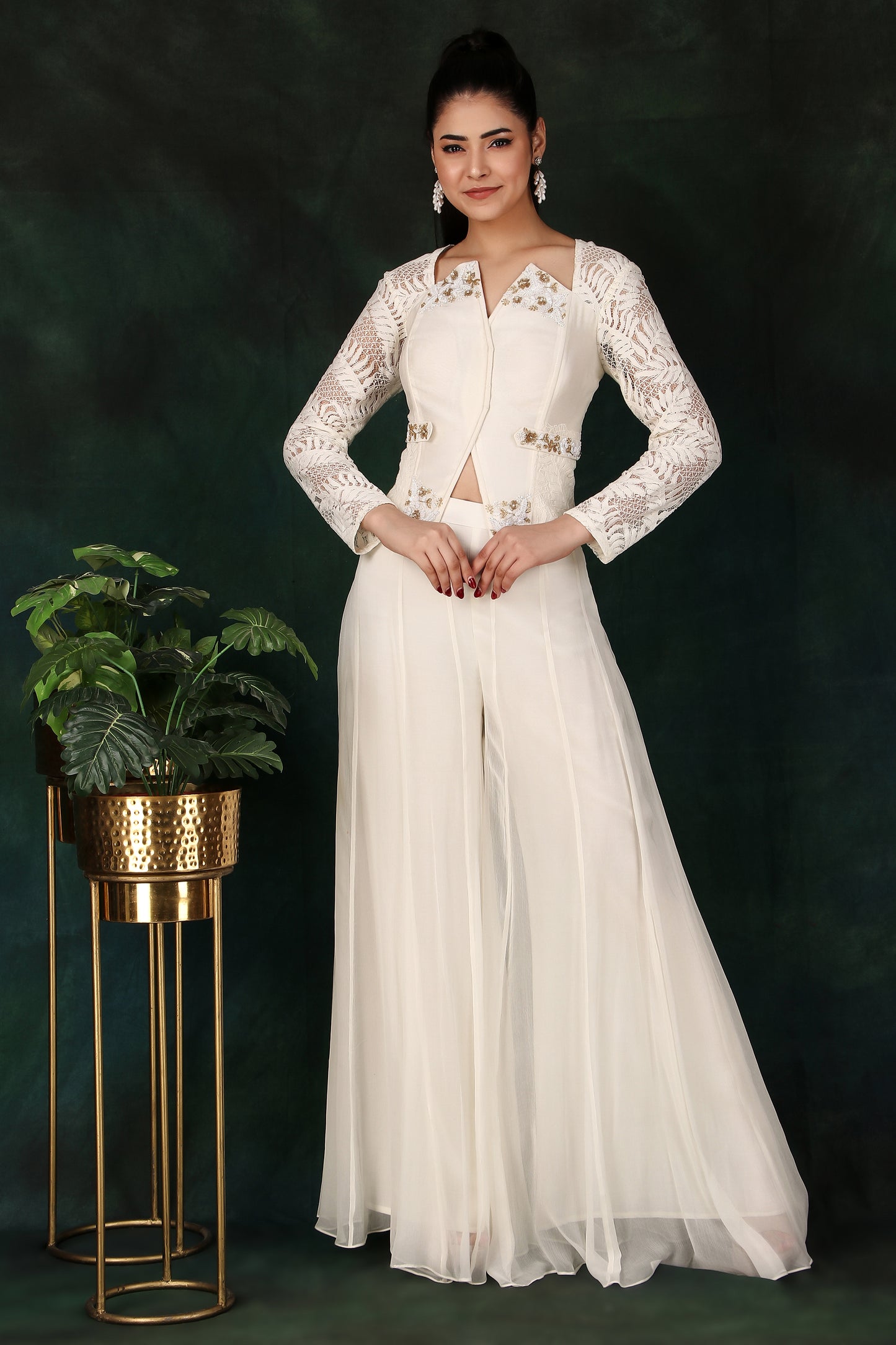 Cream Indo-Western Set with Kali Chiffon Palazzo Zardozi Corset Top And Chandelier Sleeves