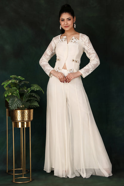 Cream Indo-Western Set with Kali Chiffon Palazzo Zardozi Corset Top And Chandelier Sleeves