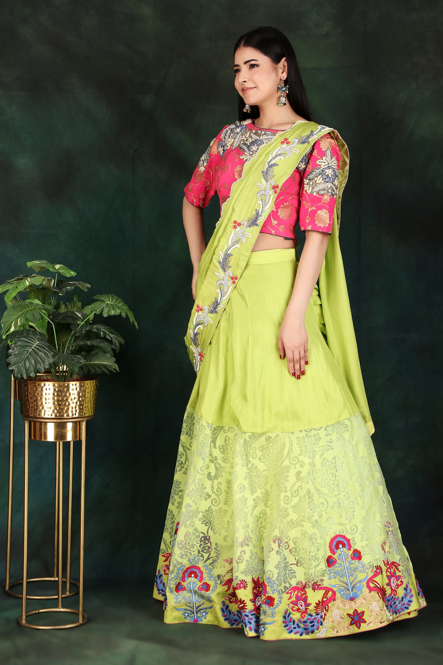 Luxury Parrot Green Lehenga Style Saree with Half Silk Half Organza Skirt and Magenta Handworked Brocade Blouse