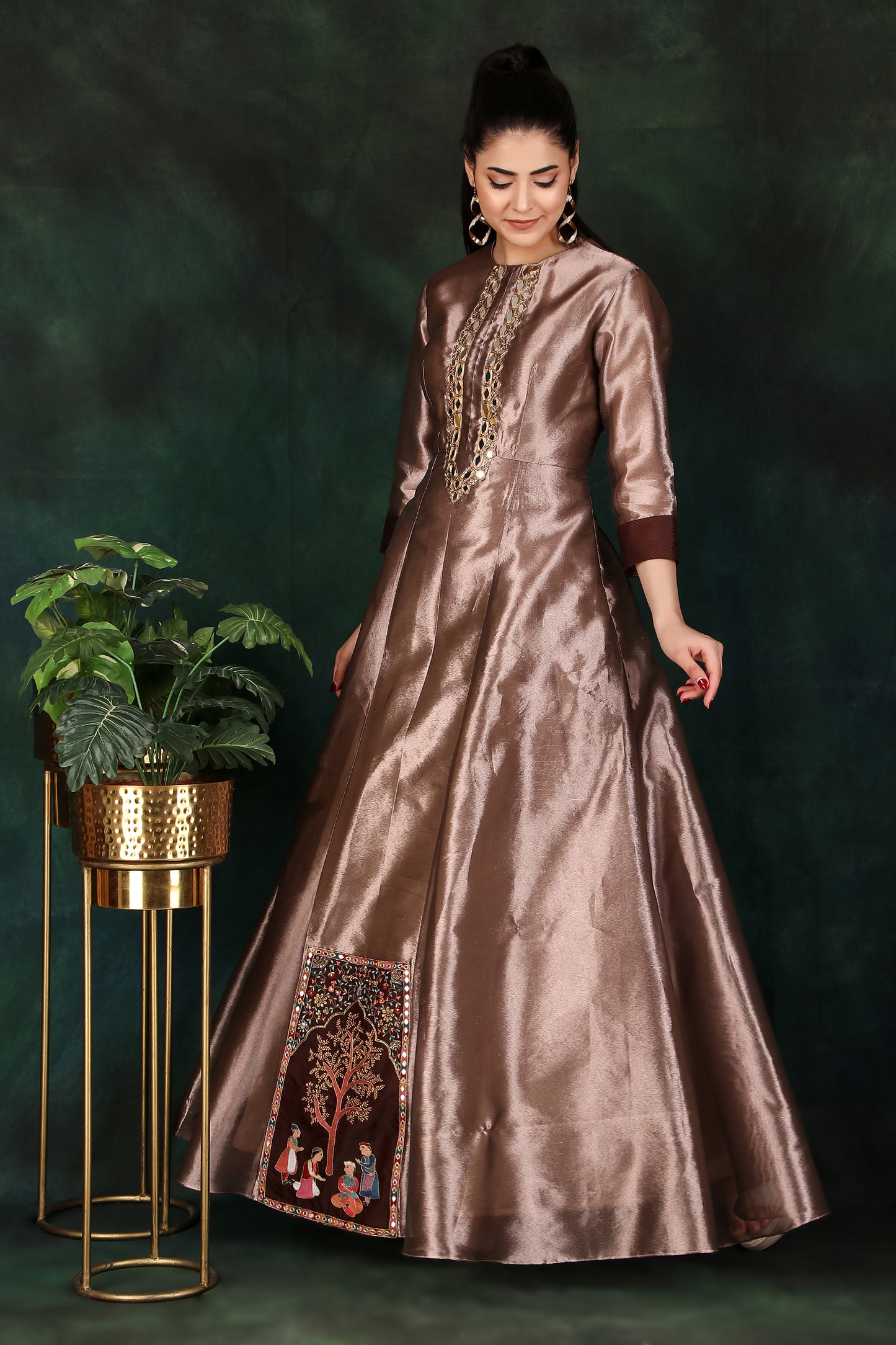 Copper Tissue Anarkali with Mirror Work Neckline and Photo Motif Front Flare