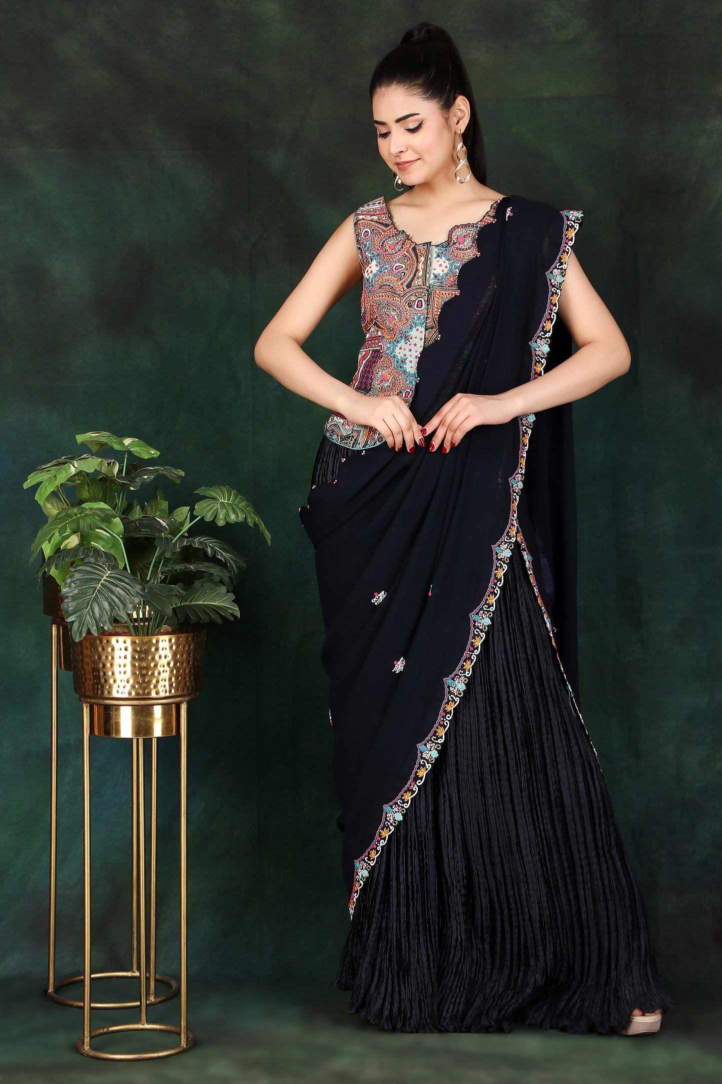 Festive Blue Palazzo Saree in Crushed Silk with Heavy Embroidered Blouse