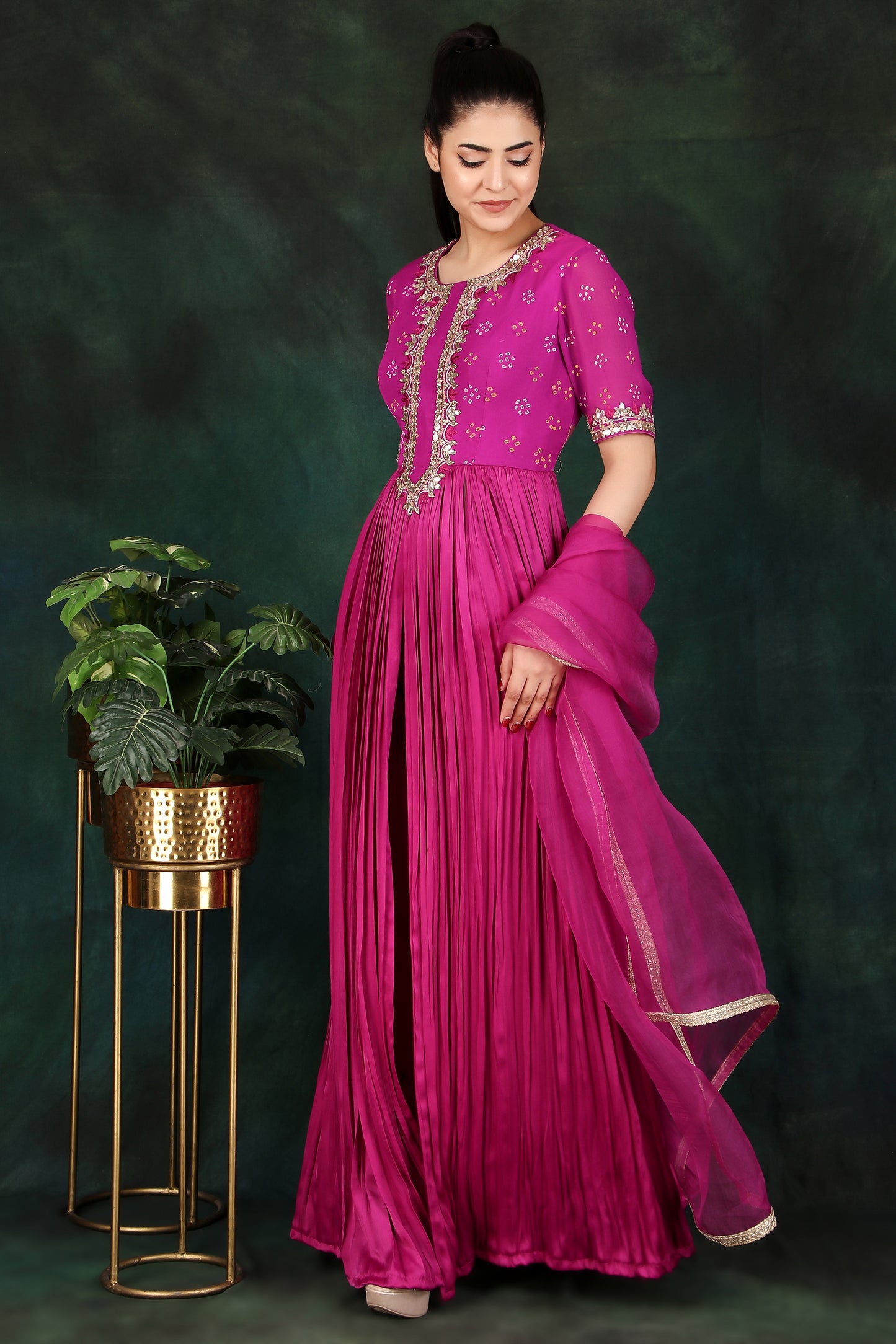 Magenta Flared Anarkali Set Featuring Gota Patti Detailing and Organza Dupatta