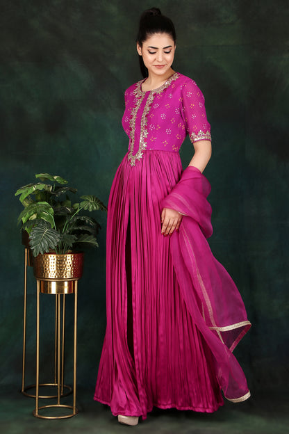 Magenta Flared Anarkali Set Featuring Gota Patti Detailing and Organza Dupatta
