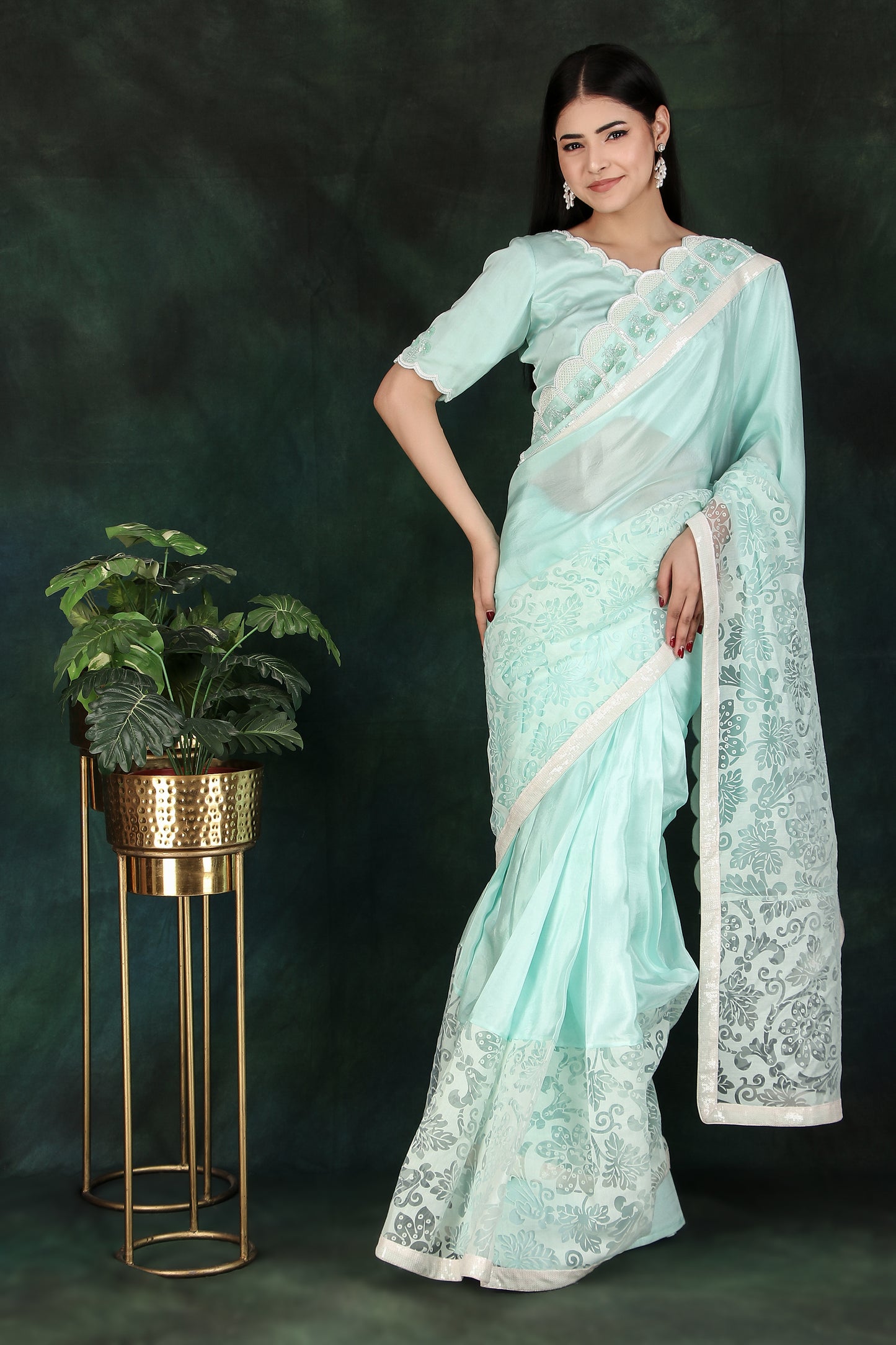 Embroidered Aqua Saree Set with Organza Skirt & Sequin-Cutdana Blouse