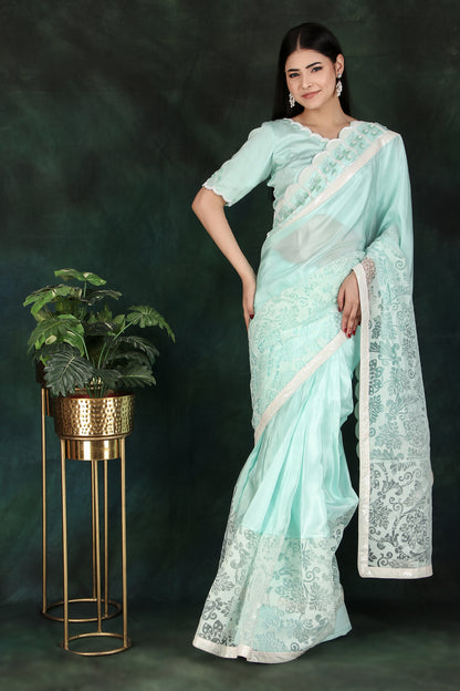 Embroidered Aqua Saree Set with Organza Skirt & Sequin-Cutdana Blouse