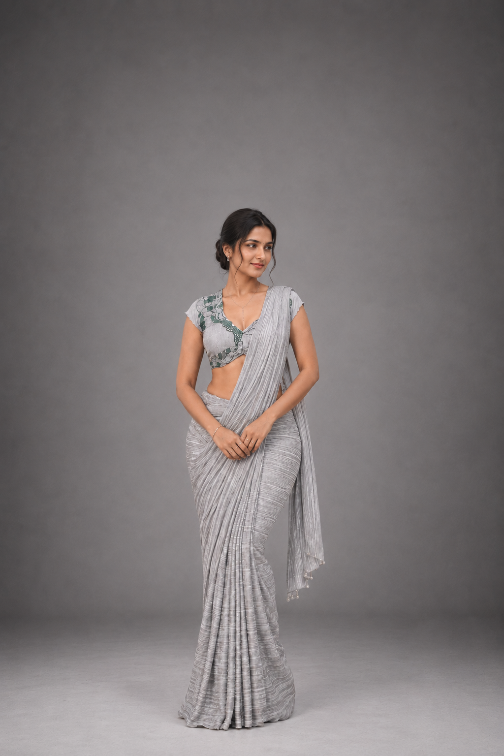 Silver Crushed satin saree  with heavy work on blouse