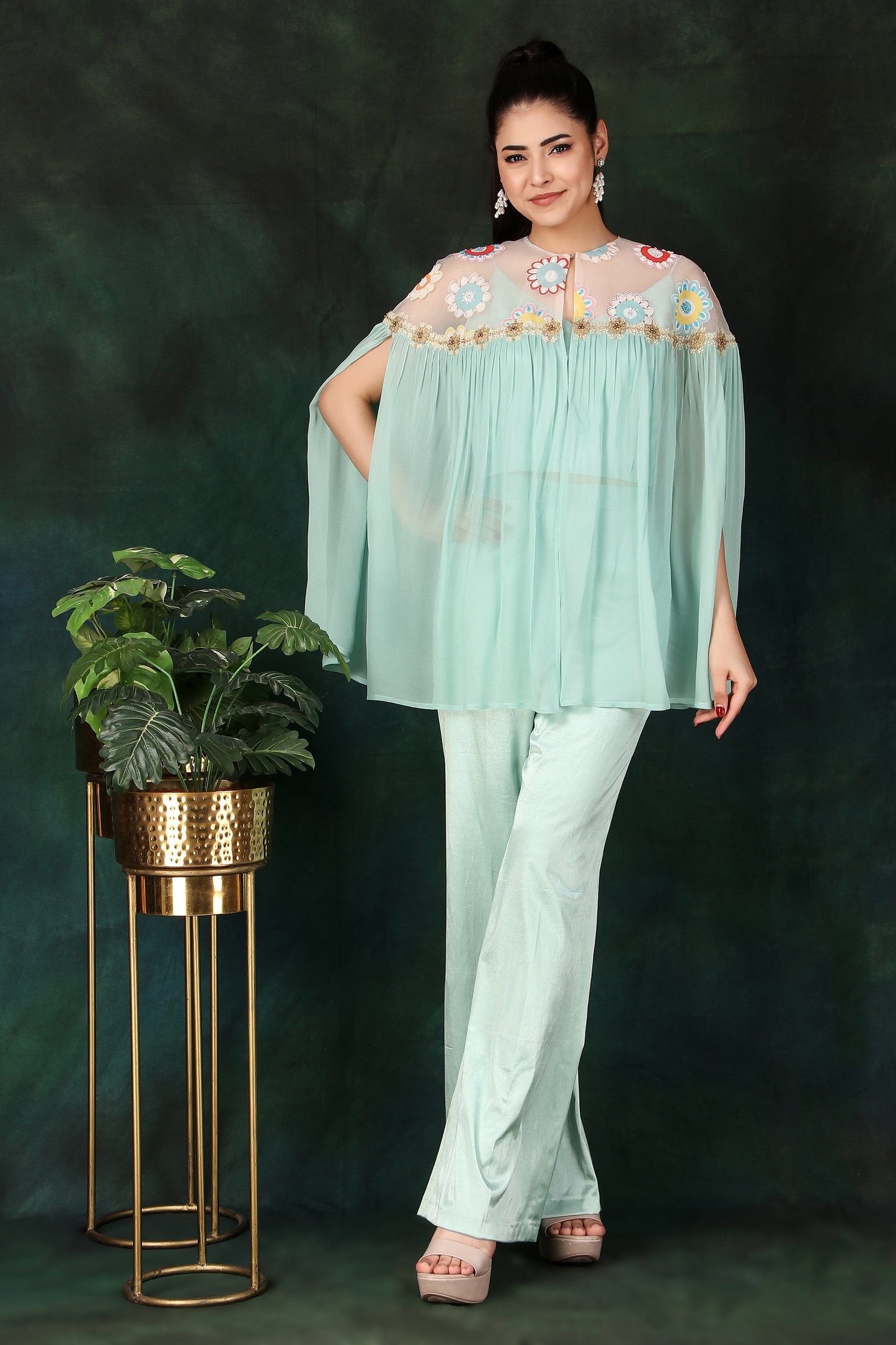 Elegant Aqua 3-Piece Indo-Western Outfit with Pearl And Cutdana Work Cape Lycra Palazzo And Bustier