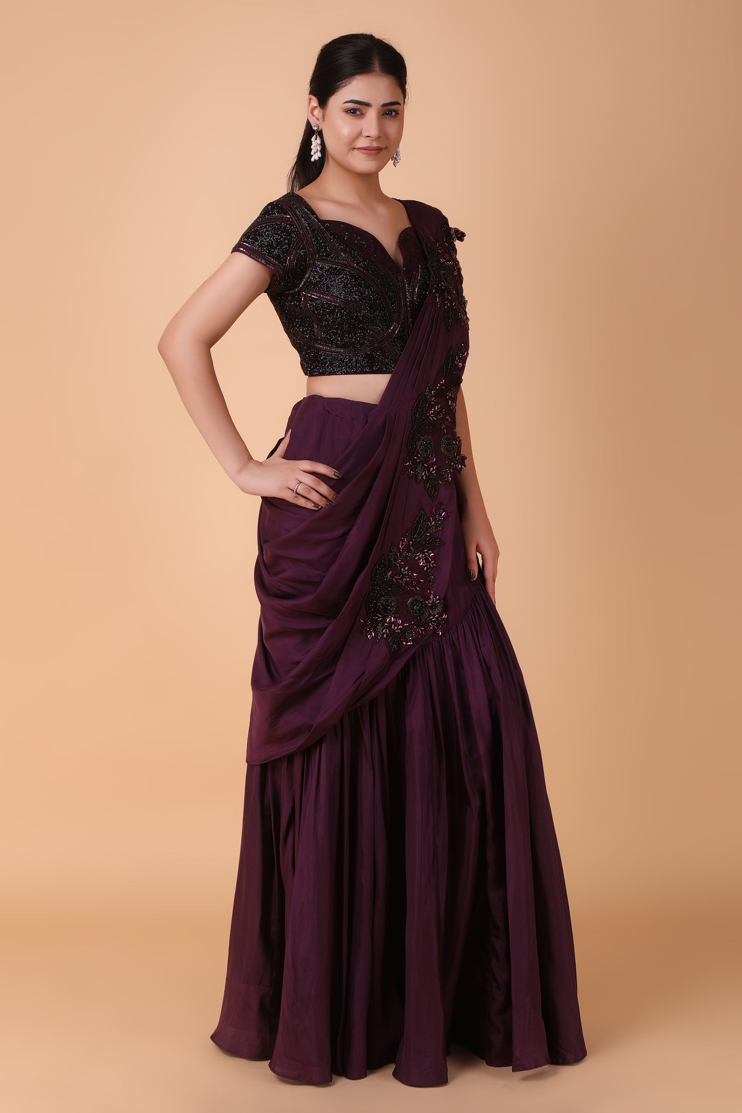Luxury Purple Draped Saree in Pure Silk with Heavy Embellishment and Handworked Blouse