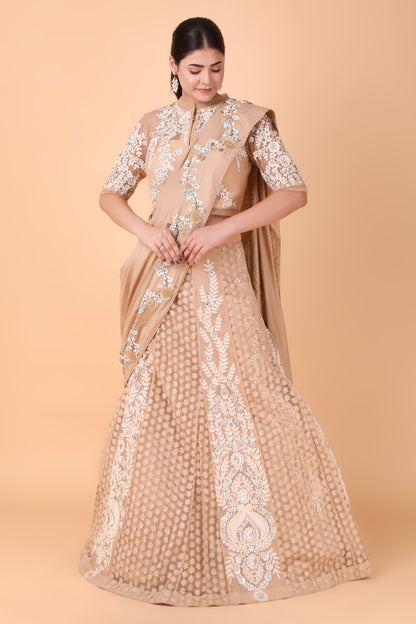 Designer Beige Lehenga Saree With Sequins Pearl And Thread Embroidery And Net Blouse