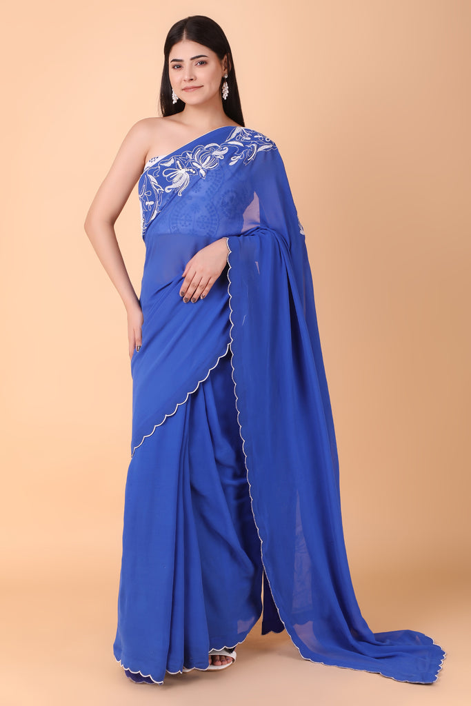 Blue Georgette Saree With Chicken Blouse