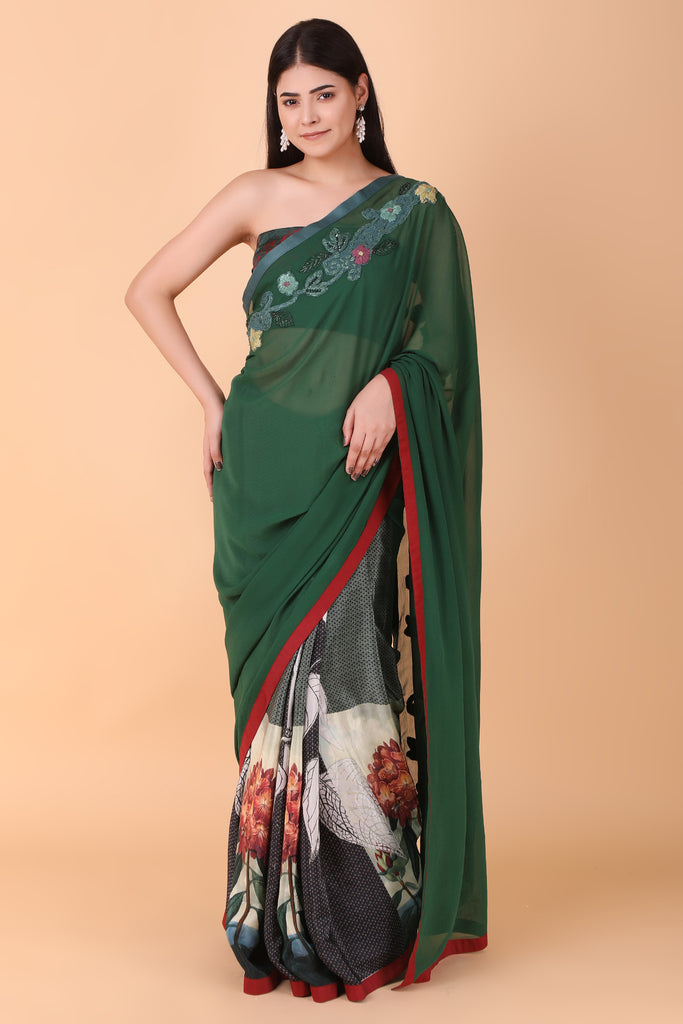 Bottle Green Printed Saree
