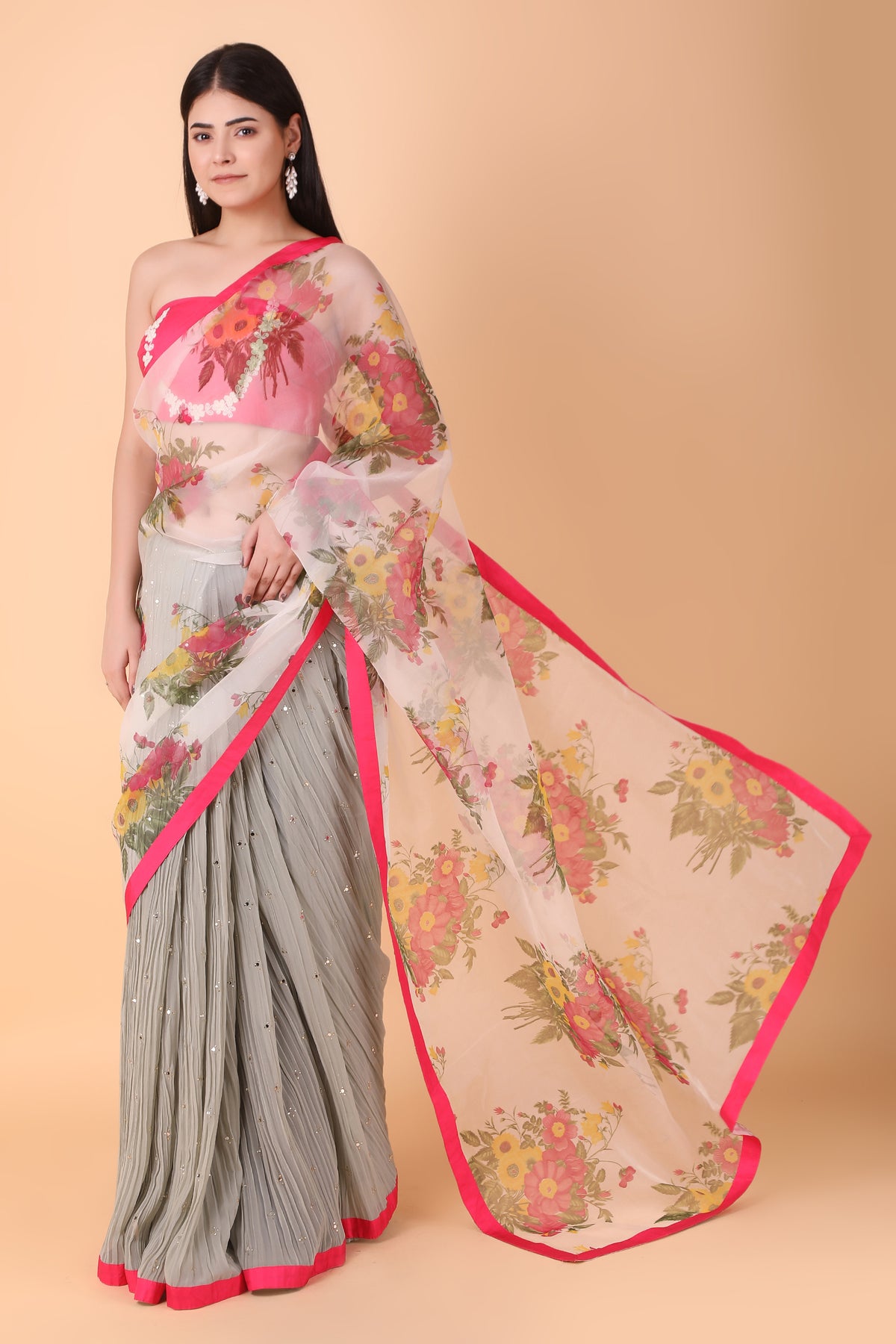 Green Crushed Skirt With Floral Organza Pallu Saree