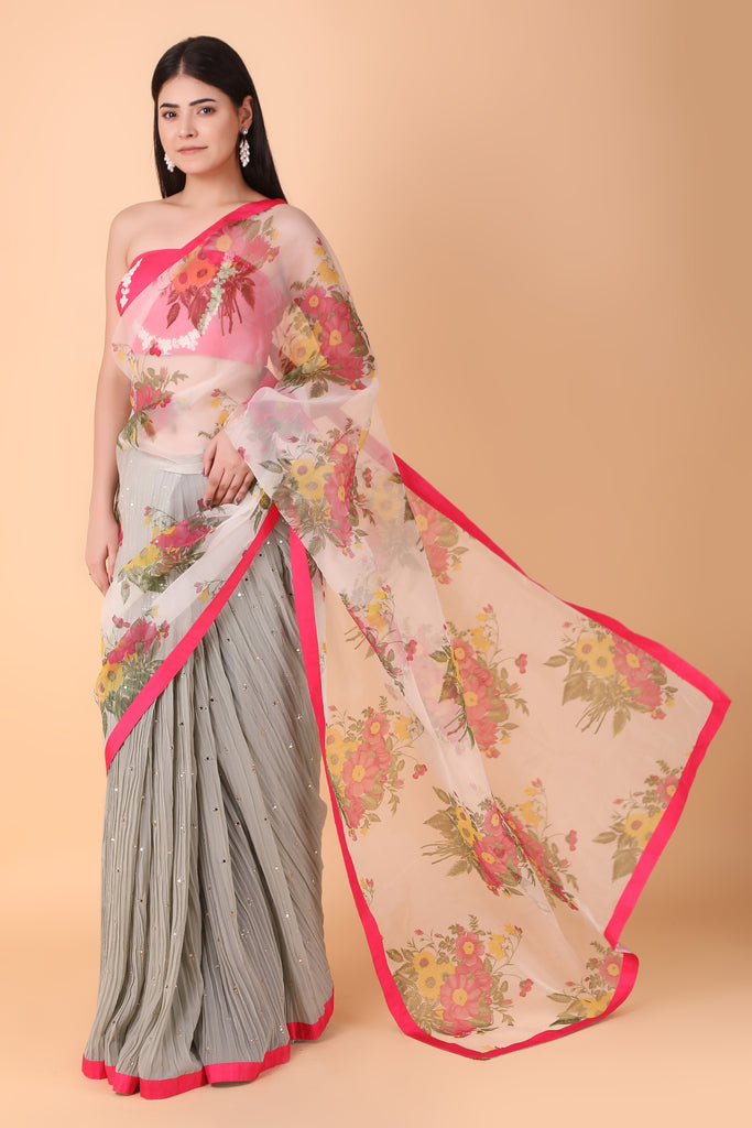 Green Crushed Skirt With Floral Organza Pallu Saree