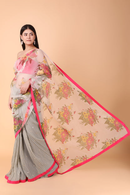 Green Crushed Skirt With Floral Organza Pallu Saree