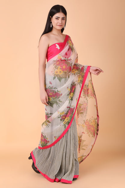 Green Crushed Skirt With Floral Organza Pallu Saree