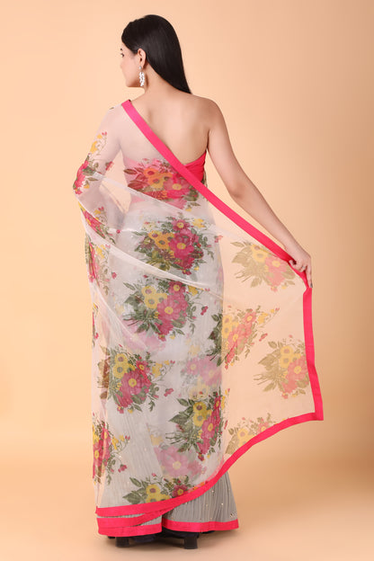 Green Crushed Skirt With Floral Organza Pallu Saree