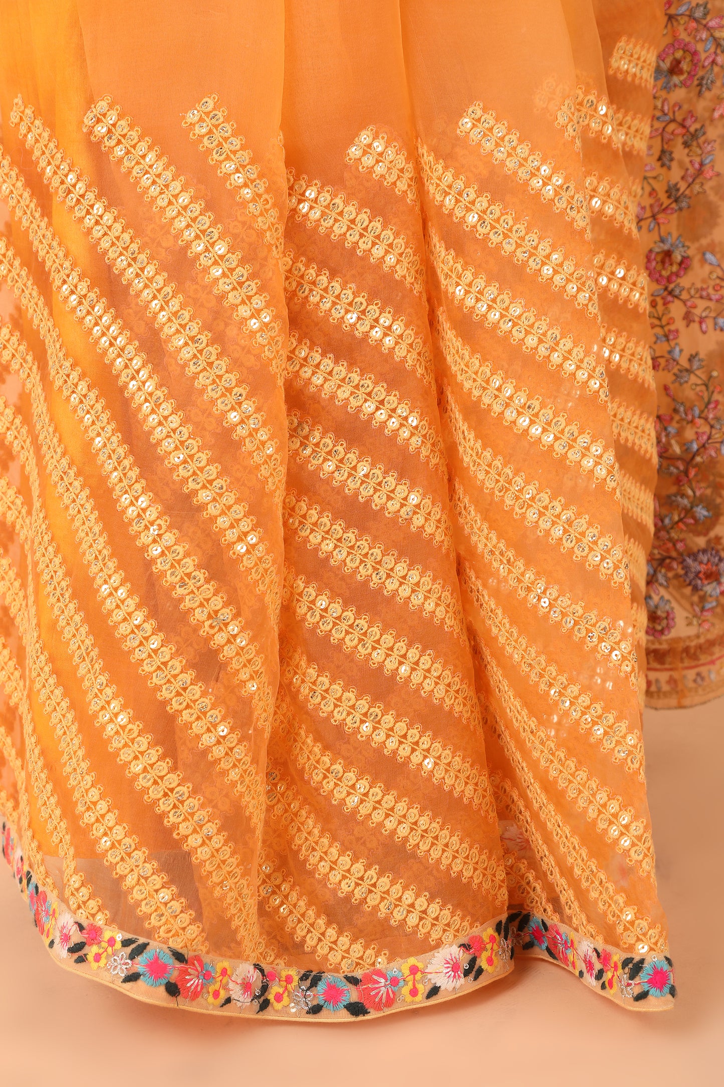 Luxury Orange Saree with Detailed Border Work and Blouse