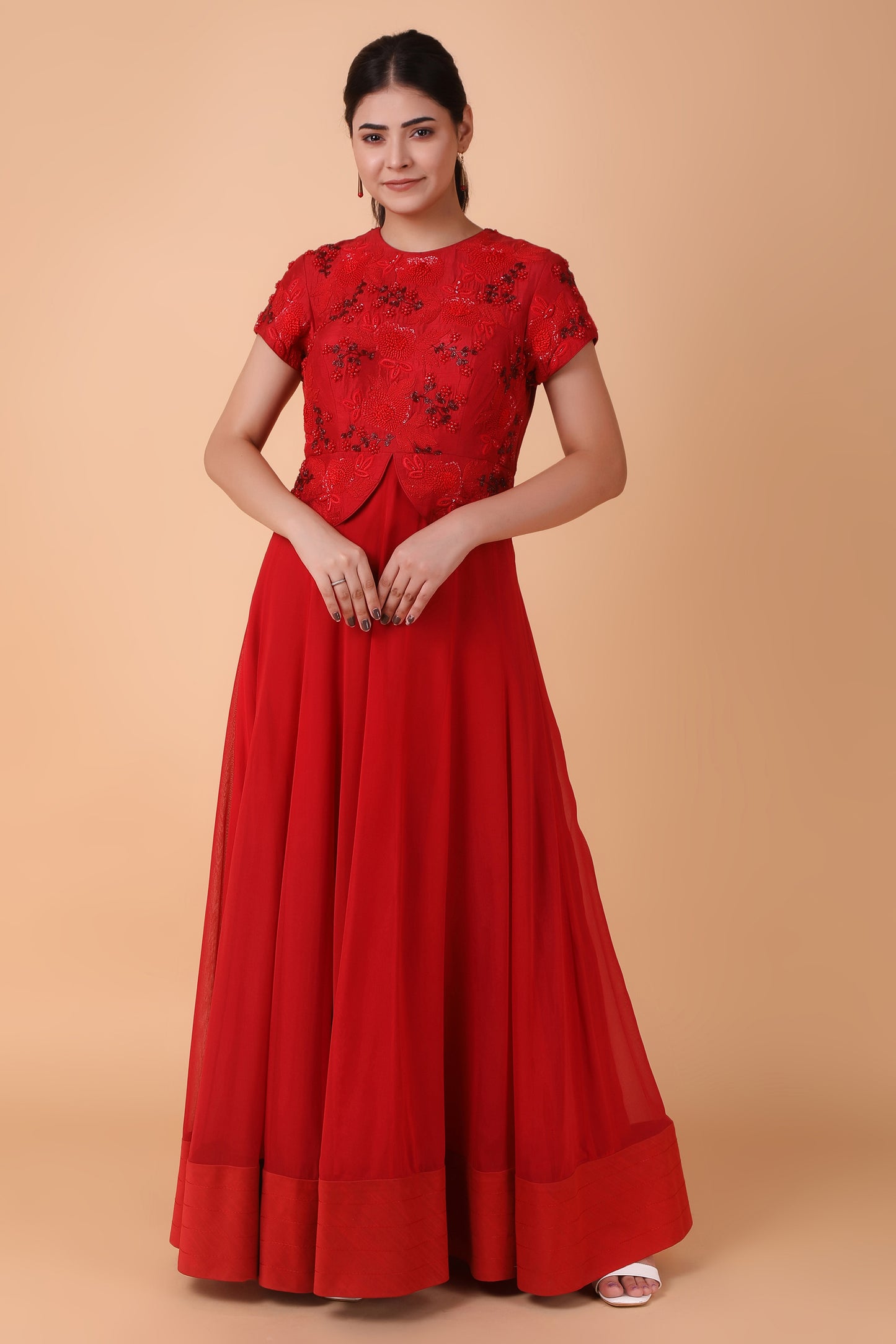 Red Dupion Silk Anarkali With Georgette Base And Pearl Dori And Sequin Embellishments
