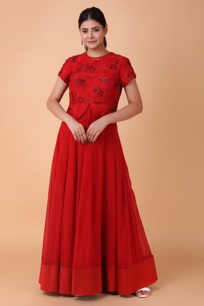 Red Dupion Silk Anarkali With Georgette Base And Pearl Dori And Sequin Embellishments