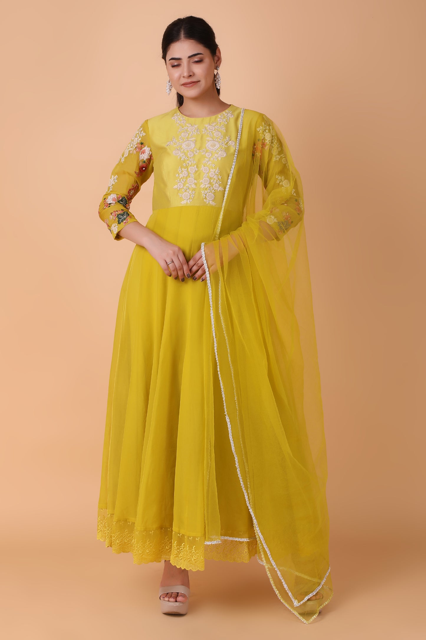 Luxury Mustard Angrakha Anarkali With Pearl Cutdana Sequin And Gota Patti Handwork