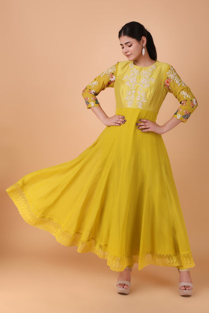 Luxury Mustard Angrakha Anarkali With Pearl Cutdana Sequin And Gota Patti Handwork