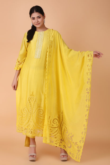 Yellow Cutwork Straight Suit Set With Embroidered Dupatta And High Low Pants