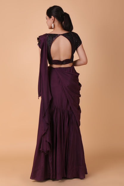 Luxury Purple Draped Saree in Pure Silk with Heavy Embellishment and Handworked Blouse