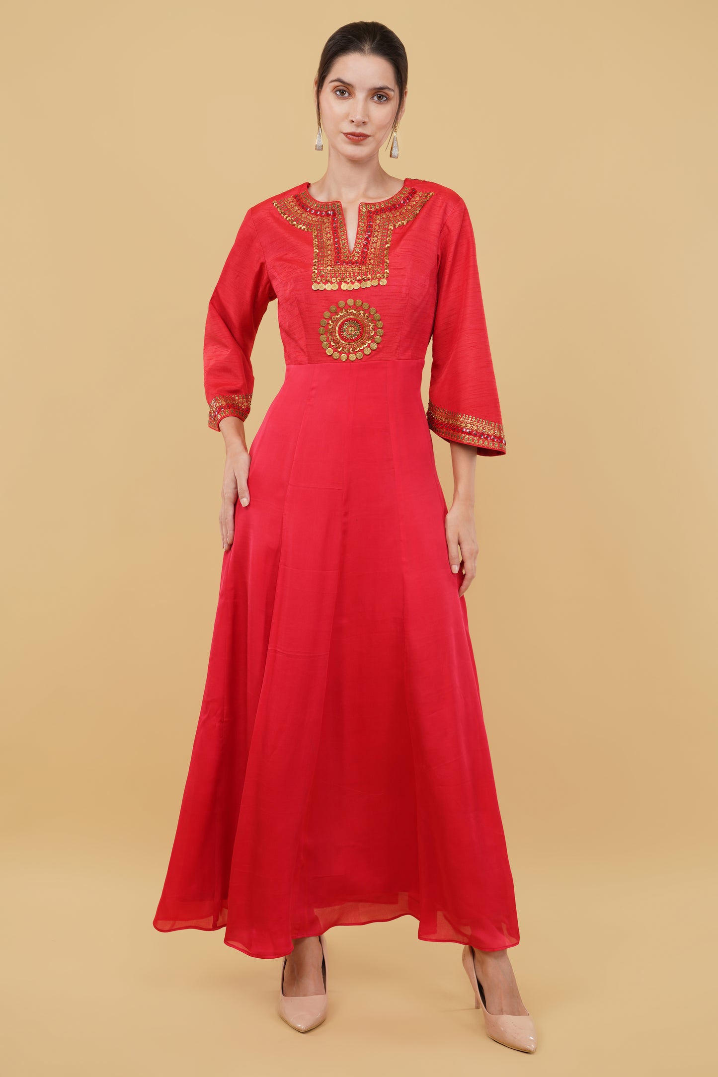 Red coin work anarkali
