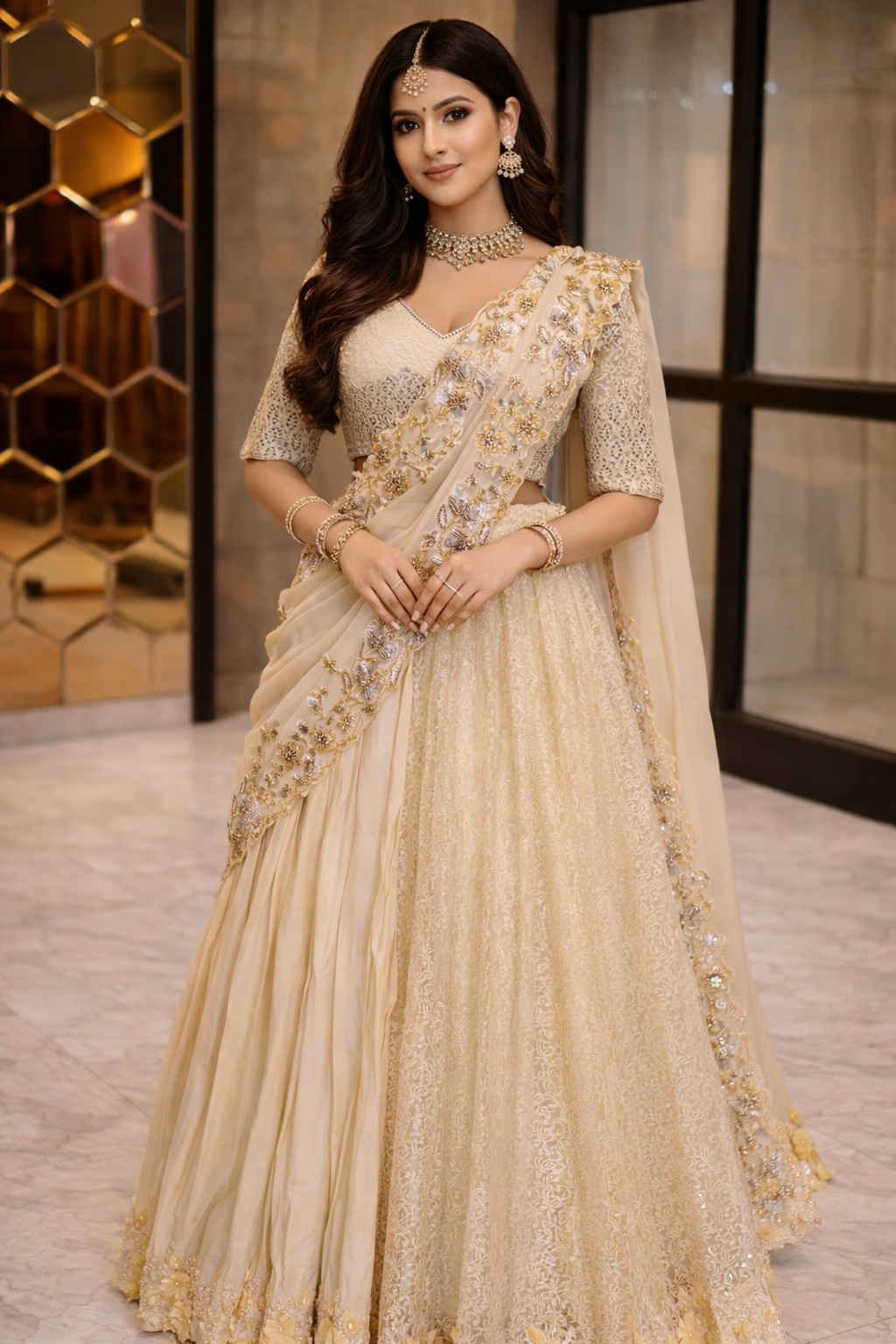 Light Gold Half Pleat Half Chandelier Saree