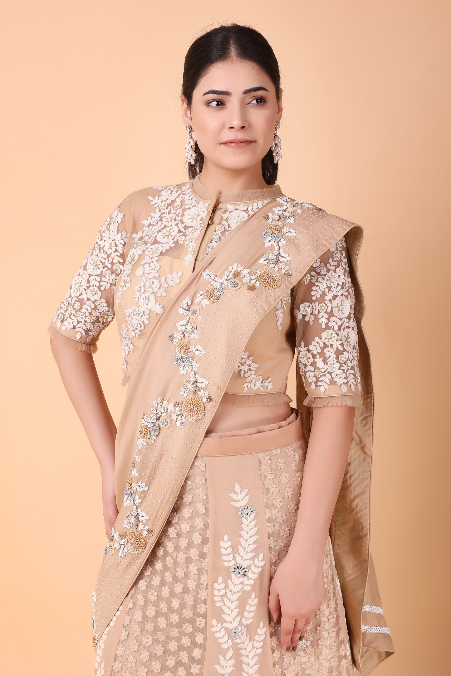 Designer Beige Lehenga Saree With Sequins Pearl And Thread Embroidery And Net Blouse