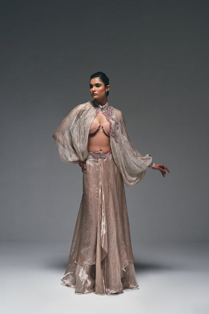 Curtain drape asymmeterical skirt with balloon sleeves