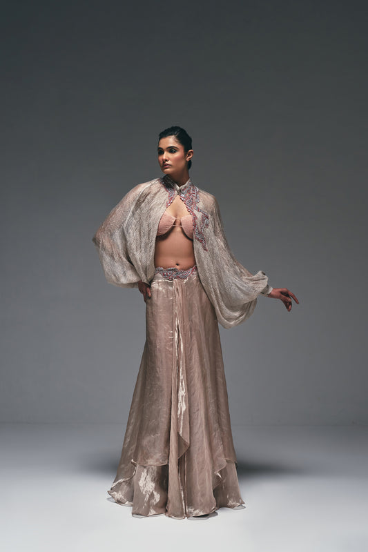 Curtain drape asymmeterical skirt with balloon sleeves