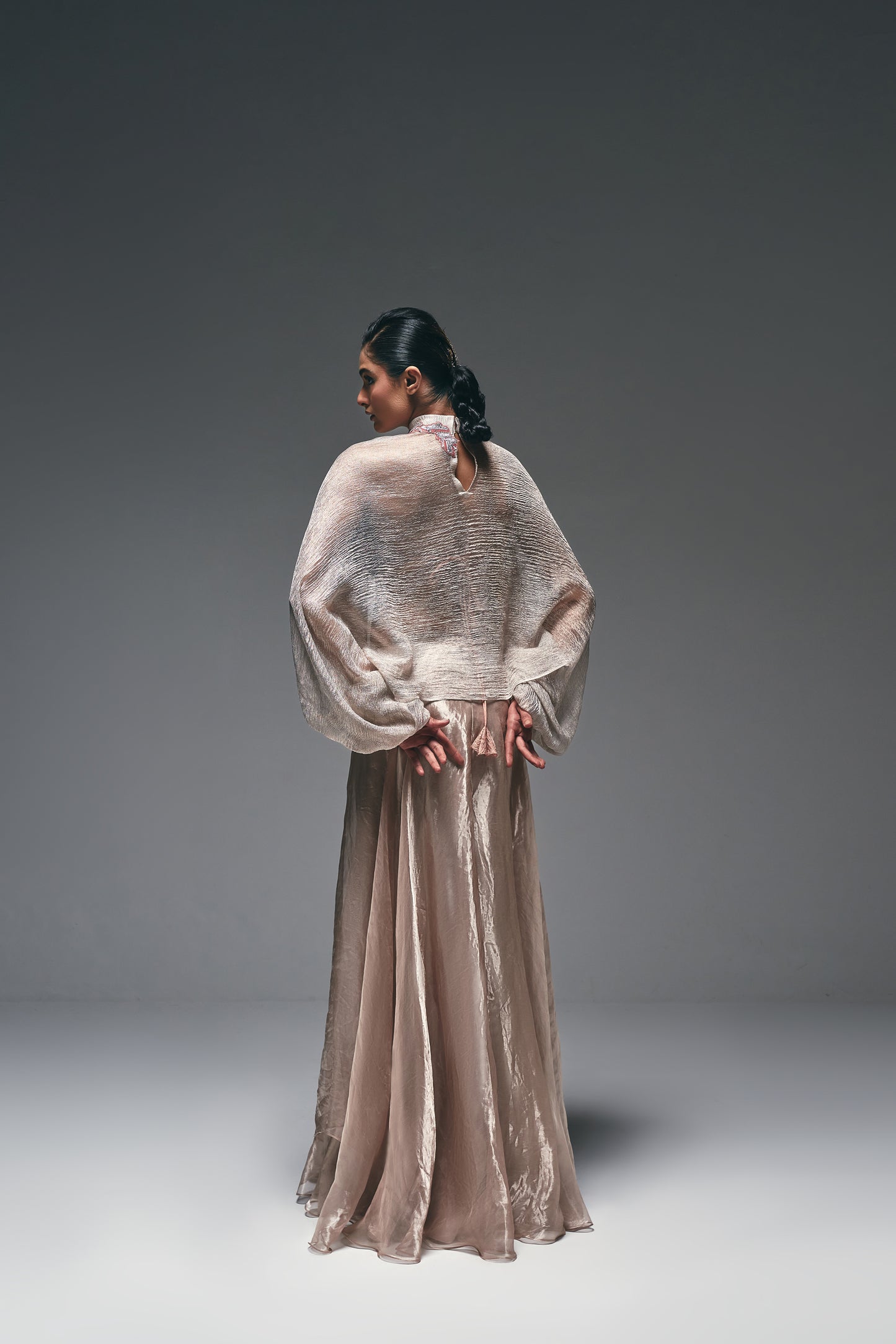 Curtain drape asymmeterical skirt with balloon sleeves