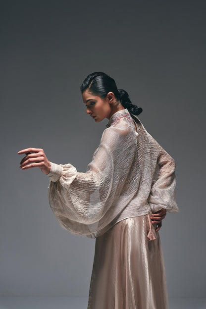 Curtain drape asymmeterical skirt with balloon sleeves