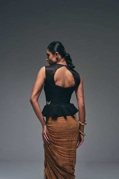 Elegant black crepe peplum top wit gathering skirt