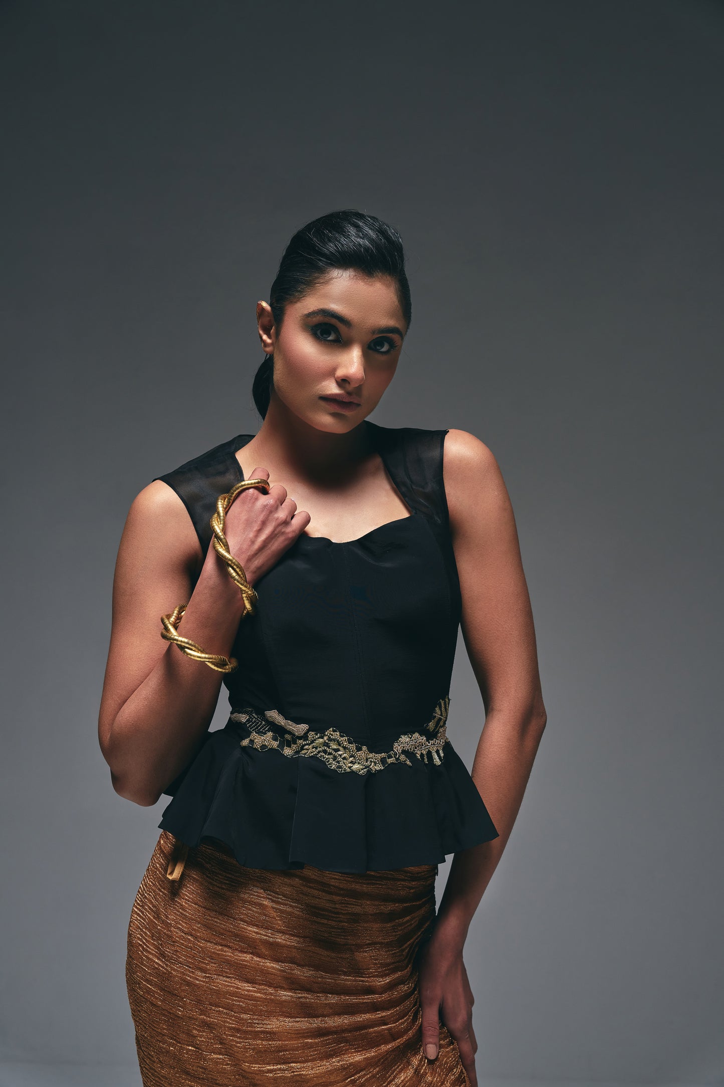Elegant black crepe peplum top wit gathering skirt
