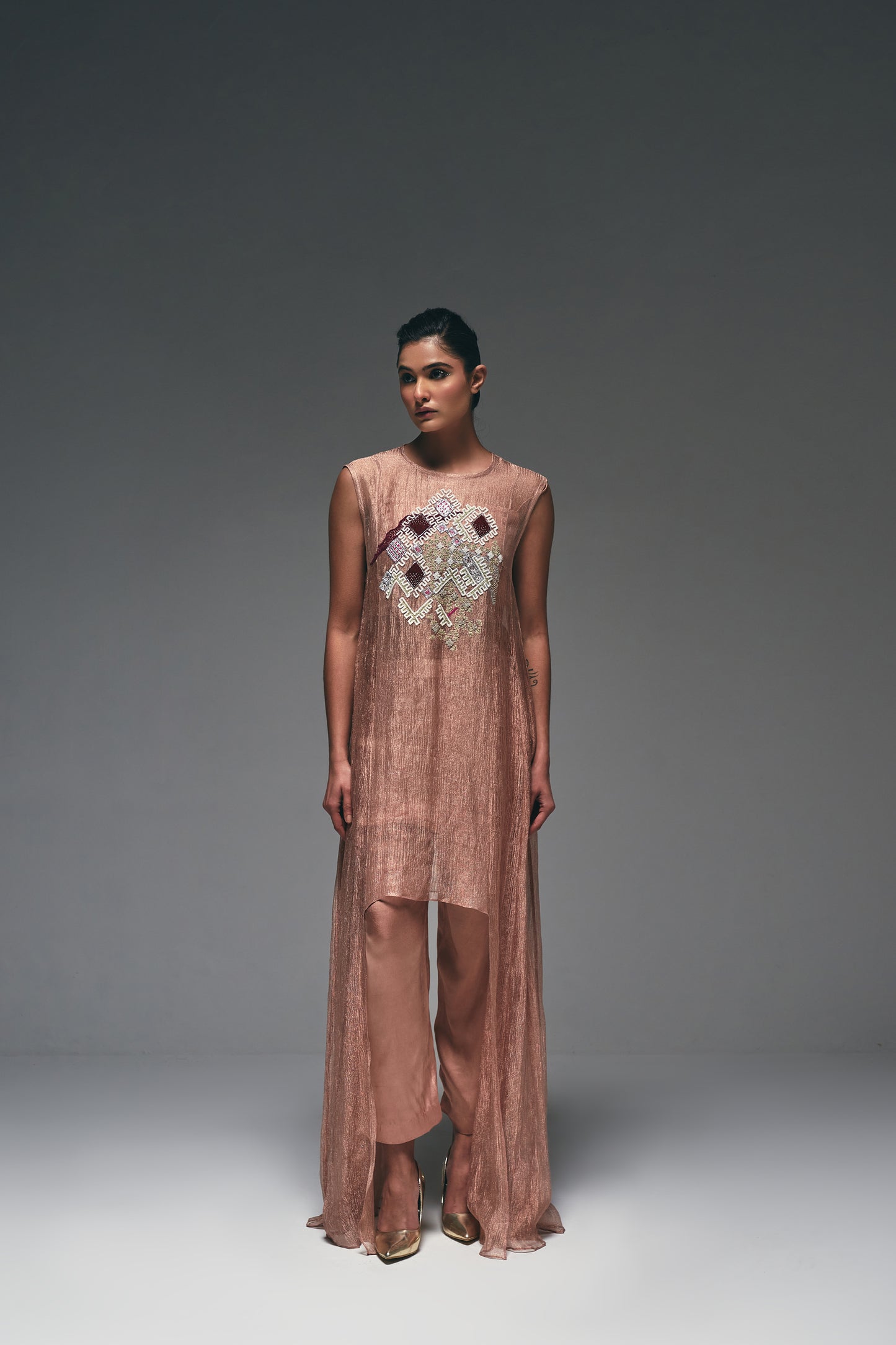 rose-gold crushed tissue suit