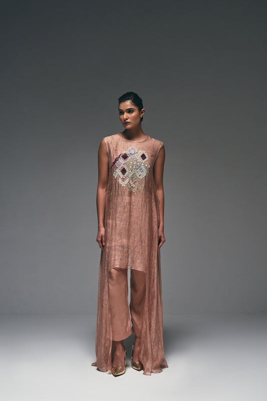 rose-gold crushed tissue suit