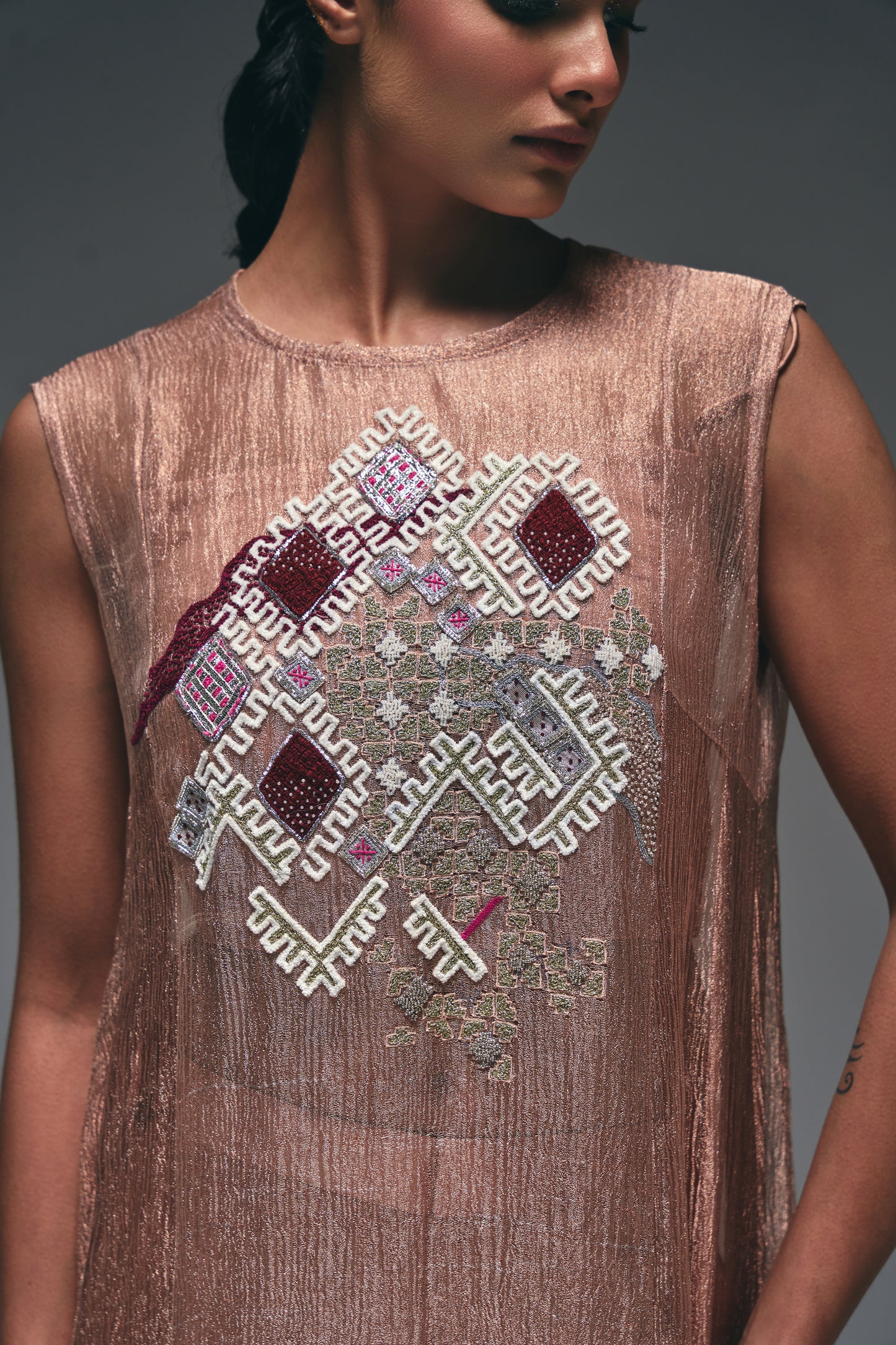 rose-gold crushed tissue suit
