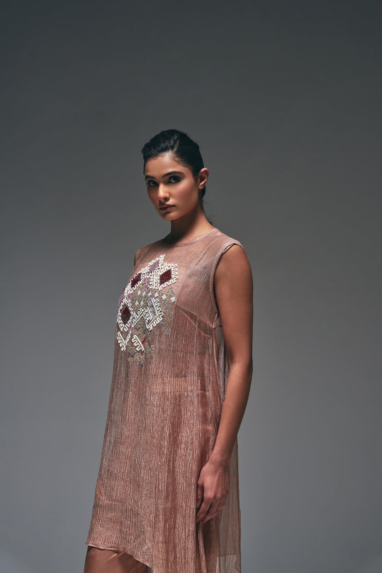 rose-gold crushed tissue suit