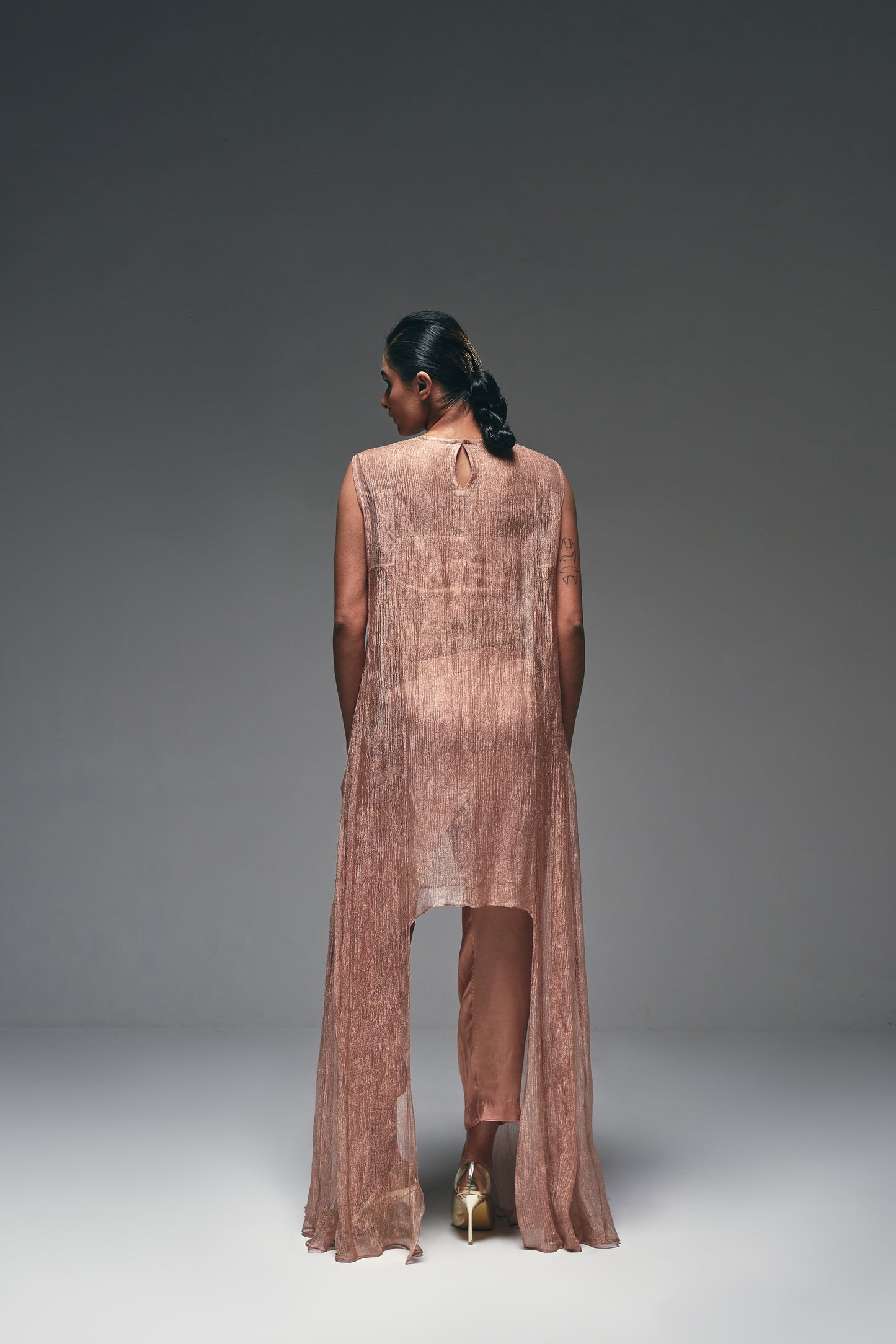 rose-gold crushed tissue suit
