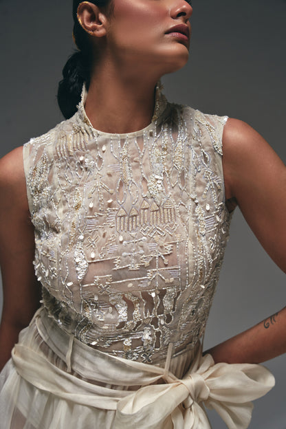 Curtain drape asymmetrical flare gown