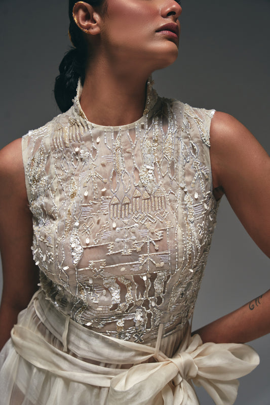 Curtain drape asymmetrical flare gown