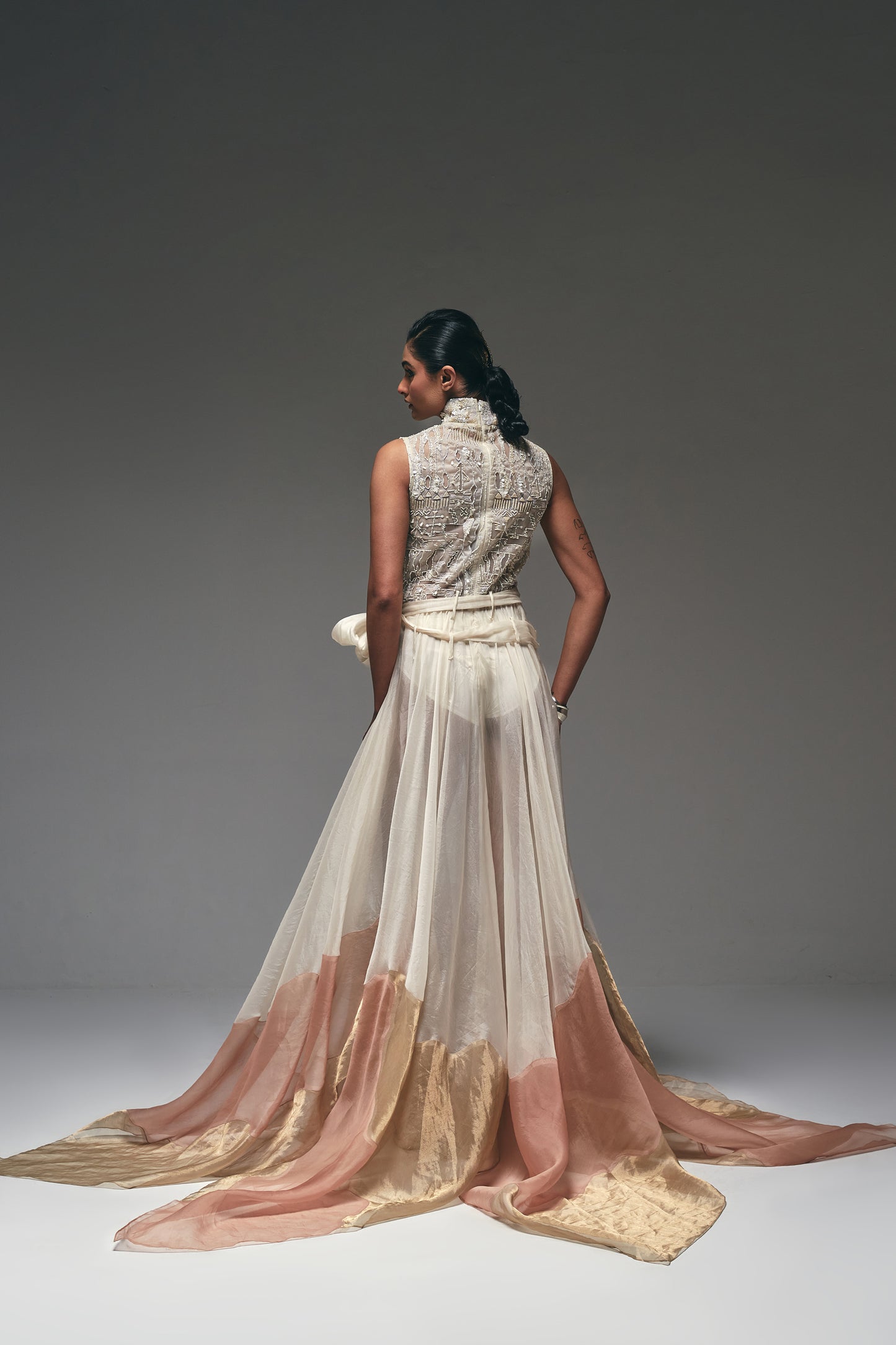 Curtain drape asymmetrical flare gown