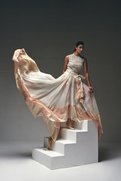 Curtain drape asymmetrical flare gown